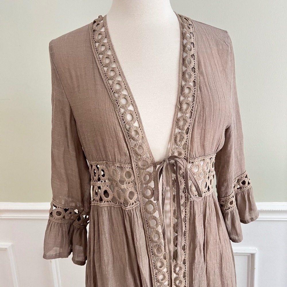 Rebellion Again Duster Cardigan Womens Sz M Crochet Lace Brown Taupe Boho Hippie - Picture 4 of 12